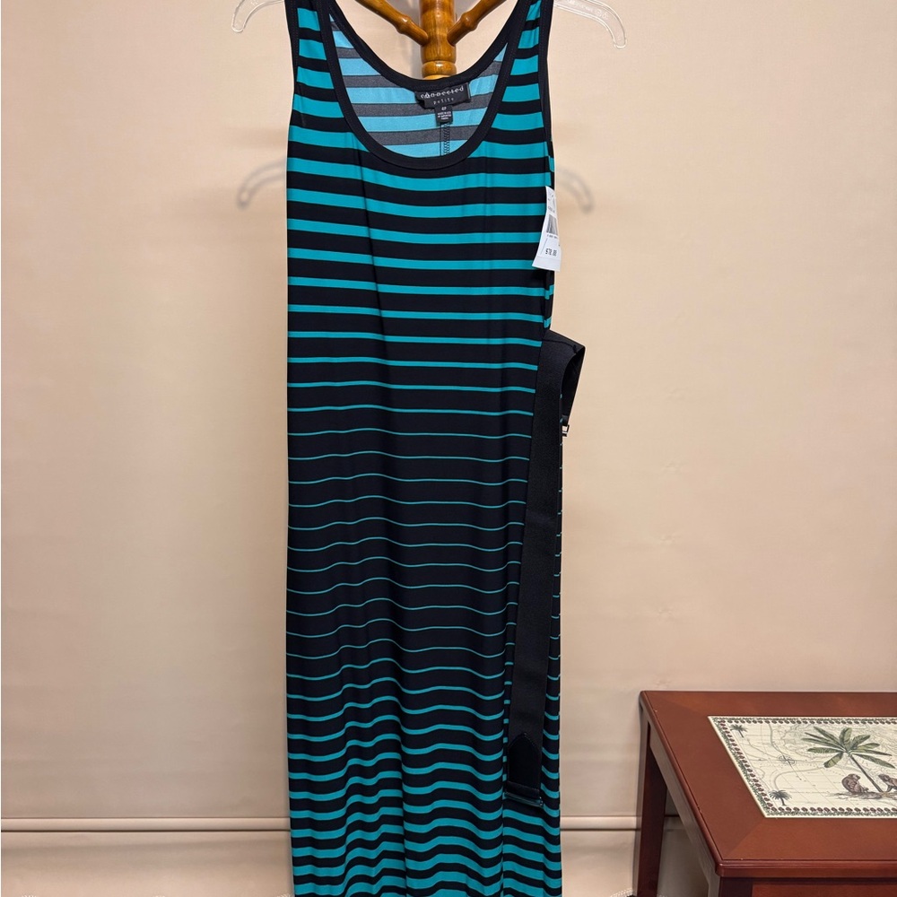Women’s Connected Apparel Teal & Black Striped Tank Maxi Dress Includes Belt.